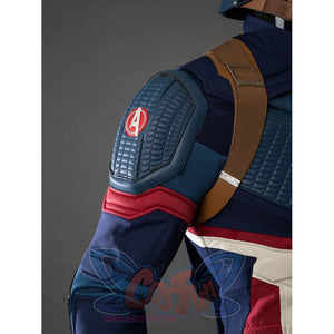 Close-up of the Avengers logo on Captain America cosplay shoulder armor with brown belt strap