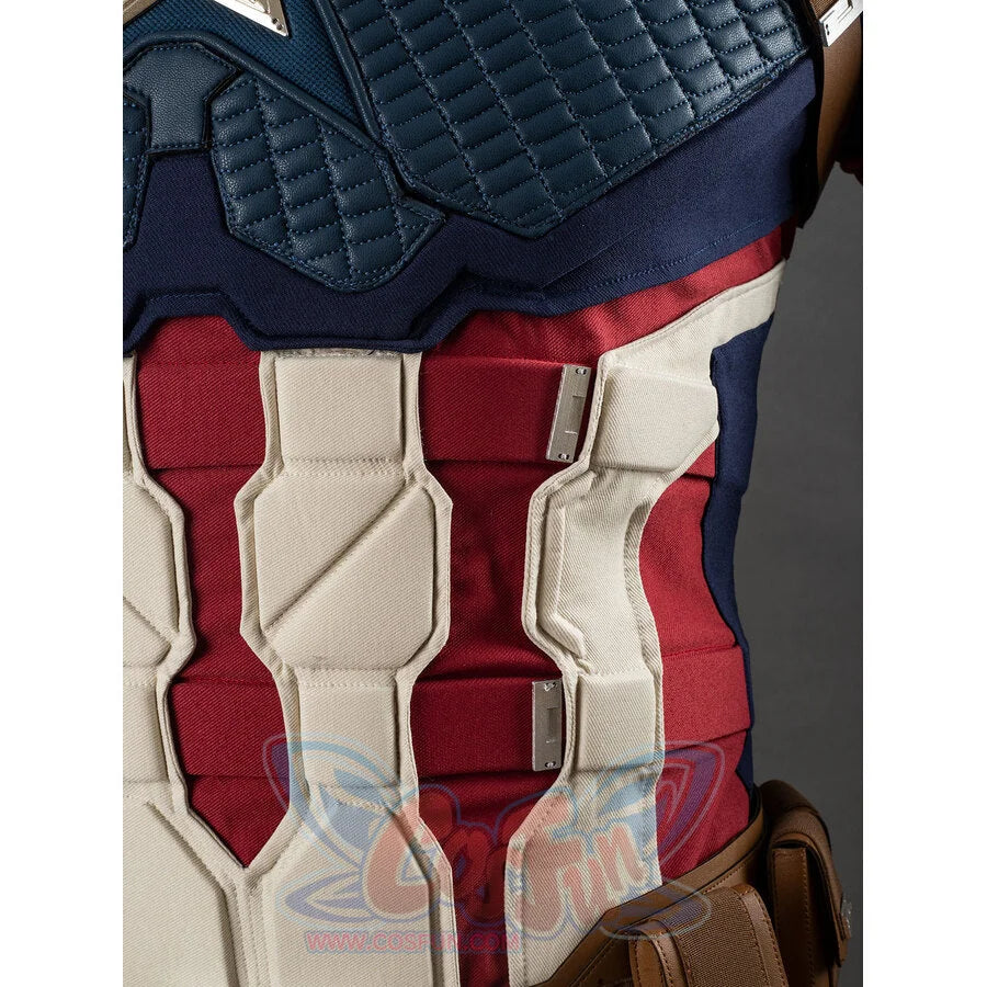 Detail view of Captain America cosplay abdominal armor showing red and white segmented panels
