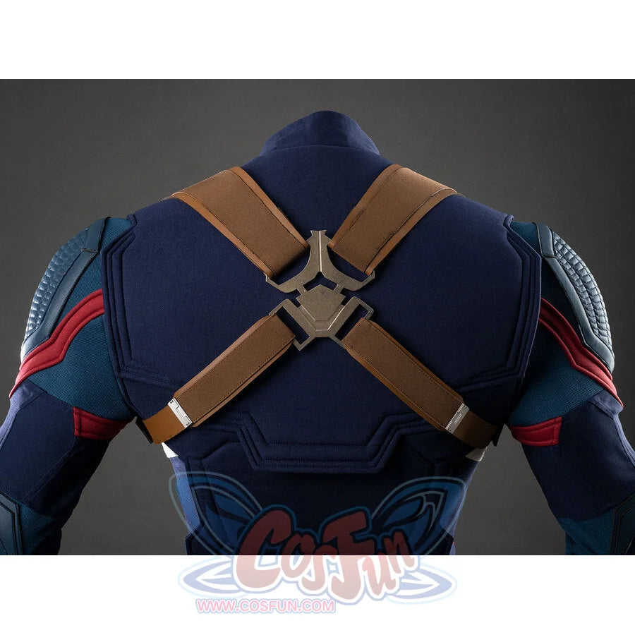 Upper back view of Captain America cosplay showing brown X-shaped cross harness and blue armor