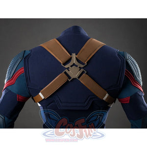 Upper back view of Captain America cosplay showing brown X-shaped cross harness and blue armor