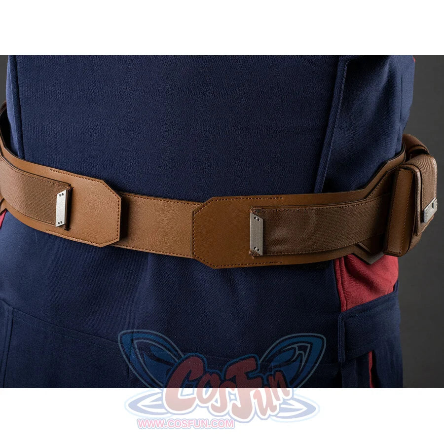 Close-up of Captain America cosplay belt back section showing pouches and strap hardware