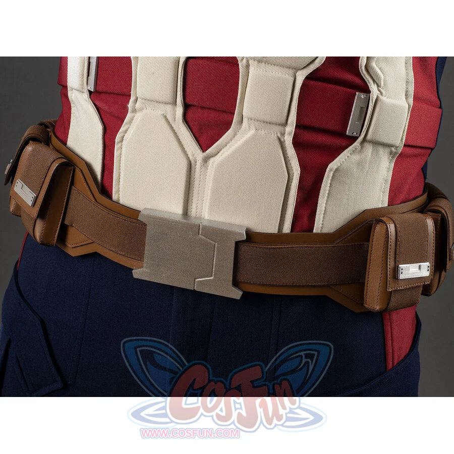 Close-up of the metal buckle on the brown leather belt of the Captain America cosplay costume