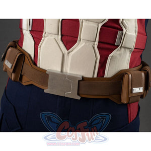 Close-up of the metal buckle on the brown leather belt of the Captain America cosplay costume