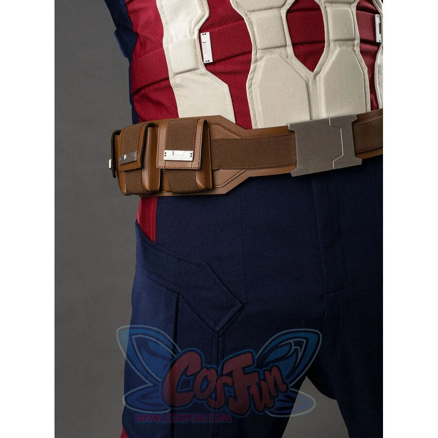 Side view of the Captain America cosplay belt showing utility pouch and metal hardware detail