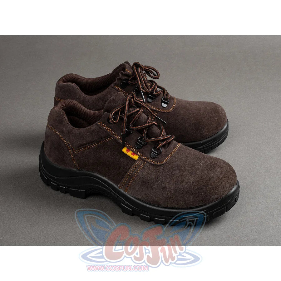 Close-up front view of brown suede boots for Captain America cosplay showing laces and toe detail