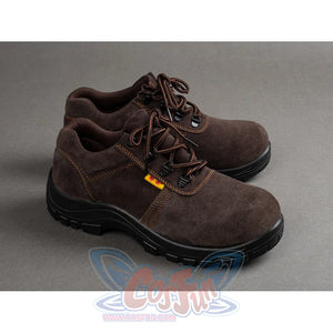 Close-up front view of brown suede boots for Captain America cosplay showing laces and toe detail