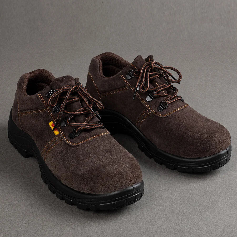 Brown suede lace-up boots for Captain America cosplay, front angle view of both shoes