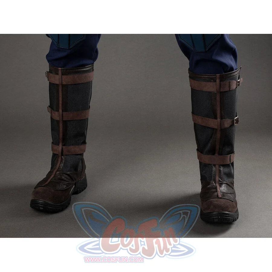 Front view of Captain America cosplay boots with brown leather straps and black mesh leg guards
