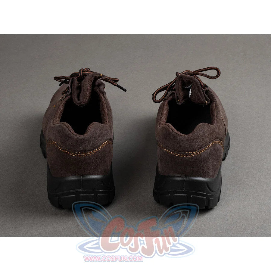 Rear view of dark brown suede boots for Captain America cosplay showing heel and back of both shoes