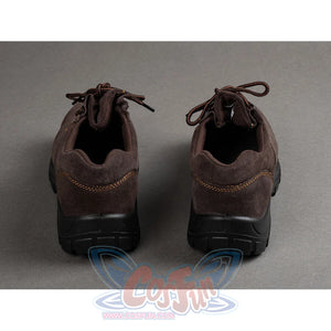 Rear view of dark brown suede boots for Captain America cosplay showing heel and back of both shoes