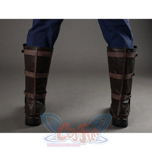 Rear view of Captain America cosplay boots showing brown strap buckles and black mesh leg guards