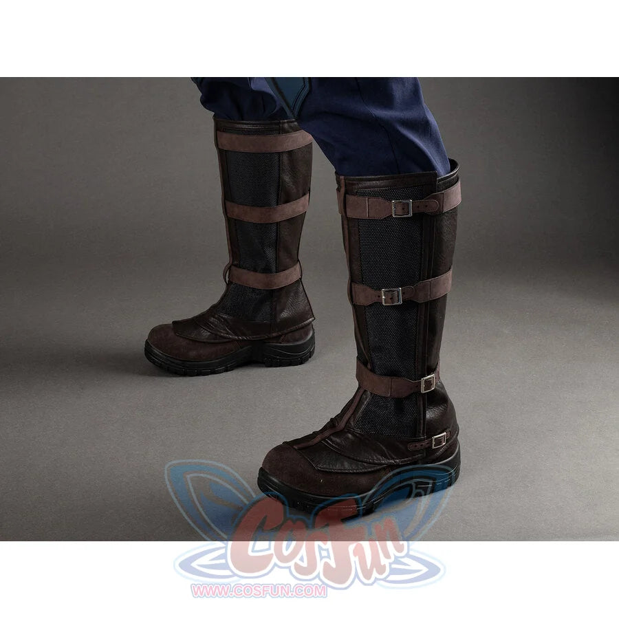 Side angle view of Captain America cosplay boots with black mesh guards and brown buckle straps
