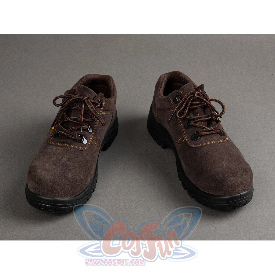 Top-down overhead view of dark brown suede lace-up boots for Captain America cosplay