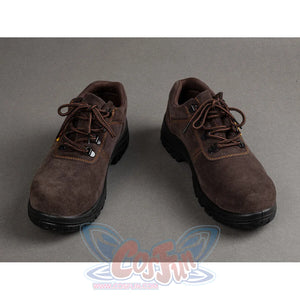 Top-down overhead view of dark brown suede lace-up boots for Captain America cosplay
