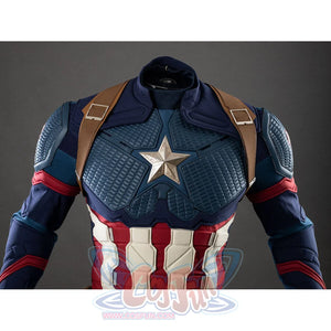 Close-up of Captain America cosplay chest armor with star emblem and brown leather belt detail