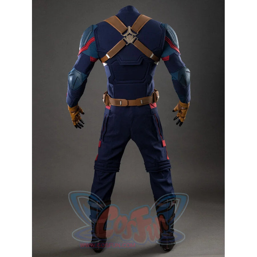 Rear view of Captain America cosplay costume without helmet, showing back straps and blue armor