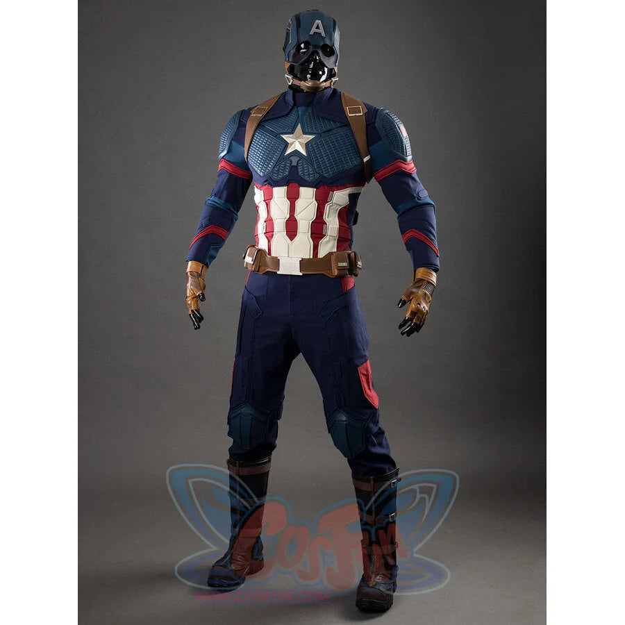Full front standing pose of Captain America cosplay costume showing star emblem and complete armor
