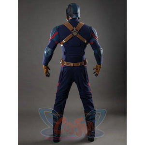 Full back view of Captain America cosplay costume showing cross-strap harness and blue armor