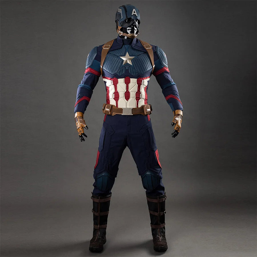 Full front view of Captain America cosplay costume with helmet, star emblem, and brown belt