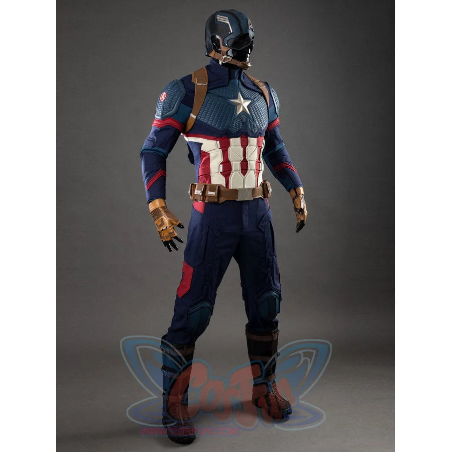 Three-quarter front angle view of Captain America cosplay costume showing armor and red stripes