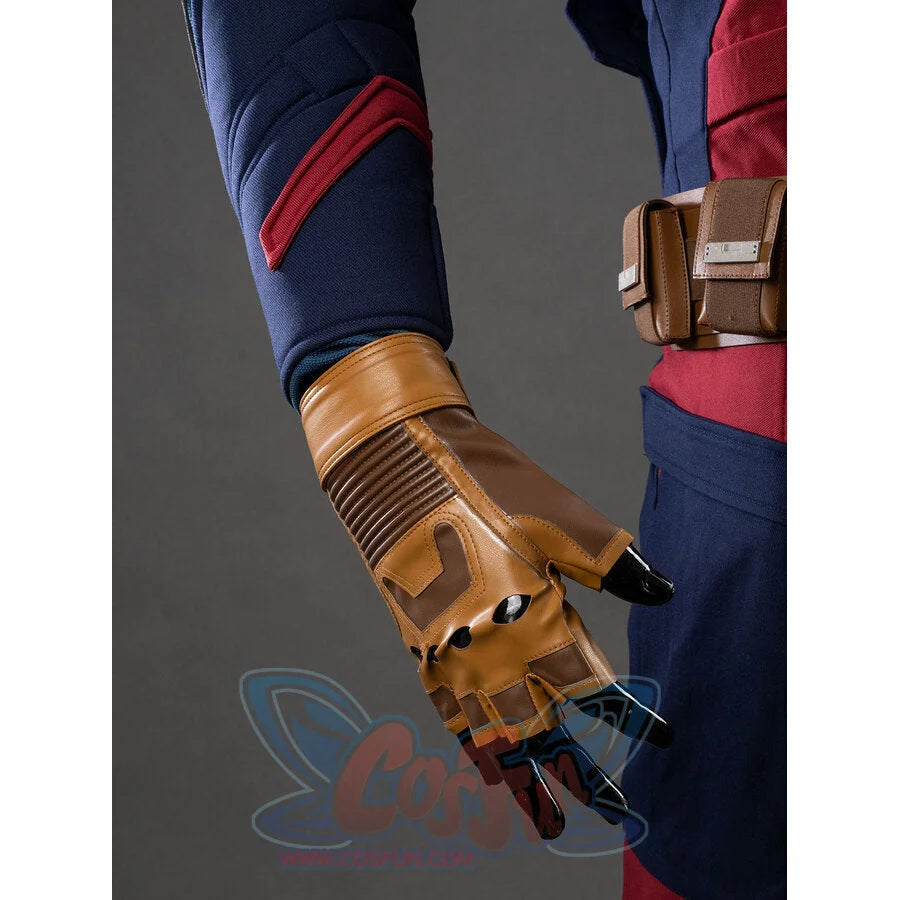 Front close-up of Captain America cosplay brown fingerless gloves with black fingertip details