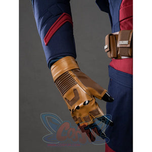 Front close-up of Captain America cosplay brown fingerless gloves with black fingertip details