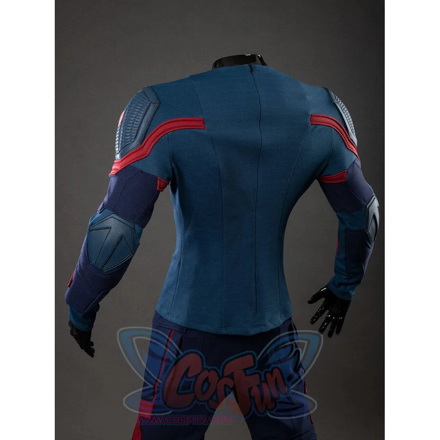 Full back view of the Captain America cosplay inner suit with red stripe detail and shoulder pads