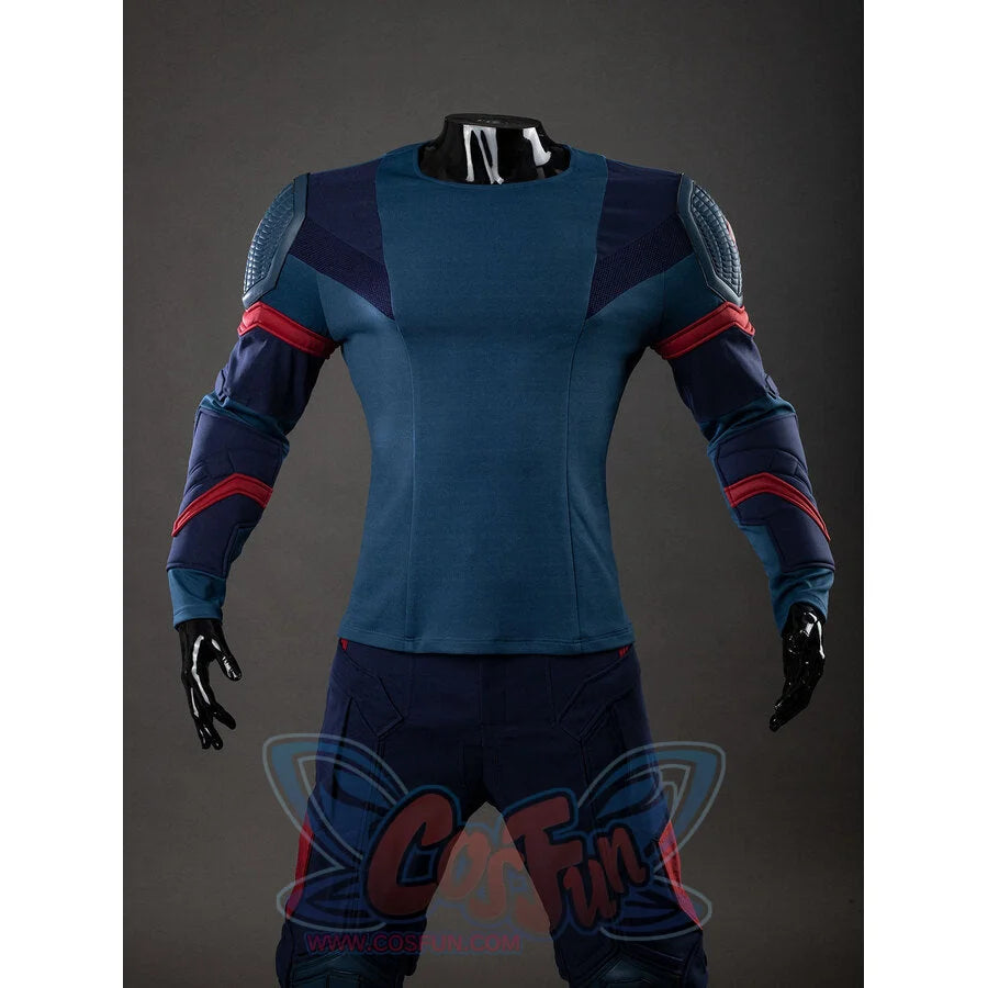 Full front view of Captain America cosplay inner bodysuit in blue-grey with red arm accents
