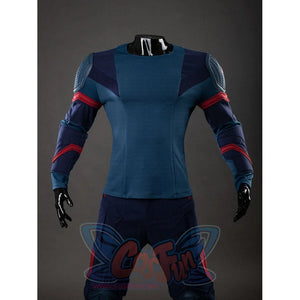 Full front view of Captain America cosplay inner bodysuit in blue-grey with red arm accents