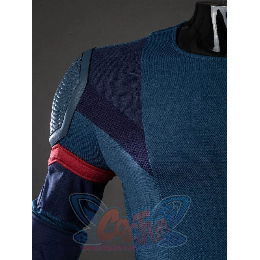Close-up of the Captain America cosplay inner suit shoulder area showing padding and red trim