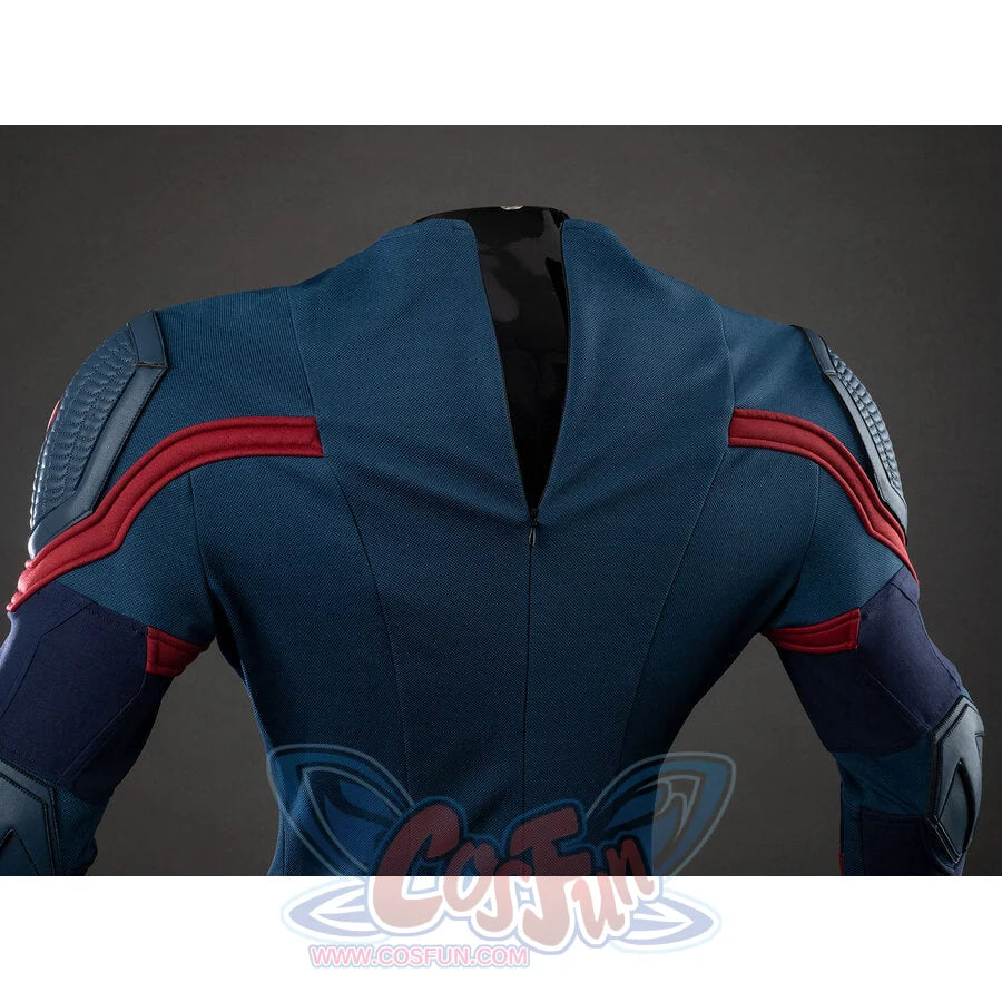 Upper back close-up of Captain America cosplay inner suit showing red lines and shoulder armor