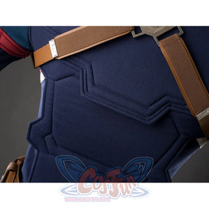 Close-up of the lower back section of Captain America cosplay armor with blue texture and strap