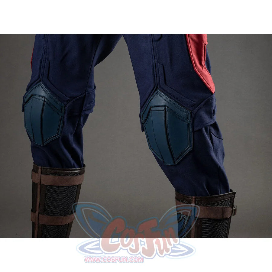 Close-up of Captain America cosplay legs showing knee guards, navy pants, and dark brown boots