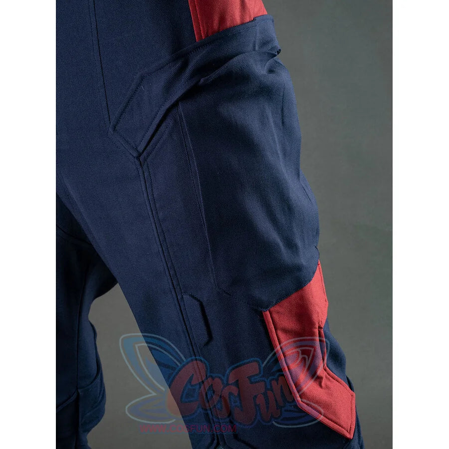 Side close-up of Captain America cosplay pants showing navy fabric with red side pocket design