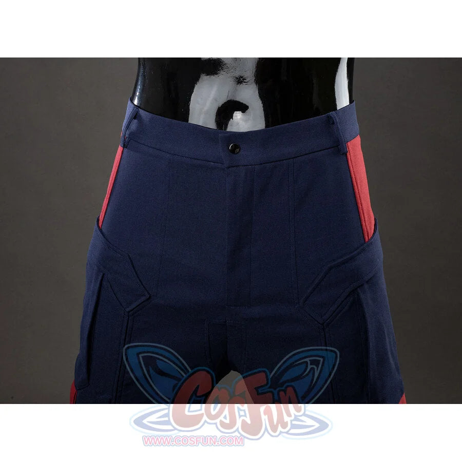 Front waist close-up of Captain America cosplay pants showing button, waistband, and red trim