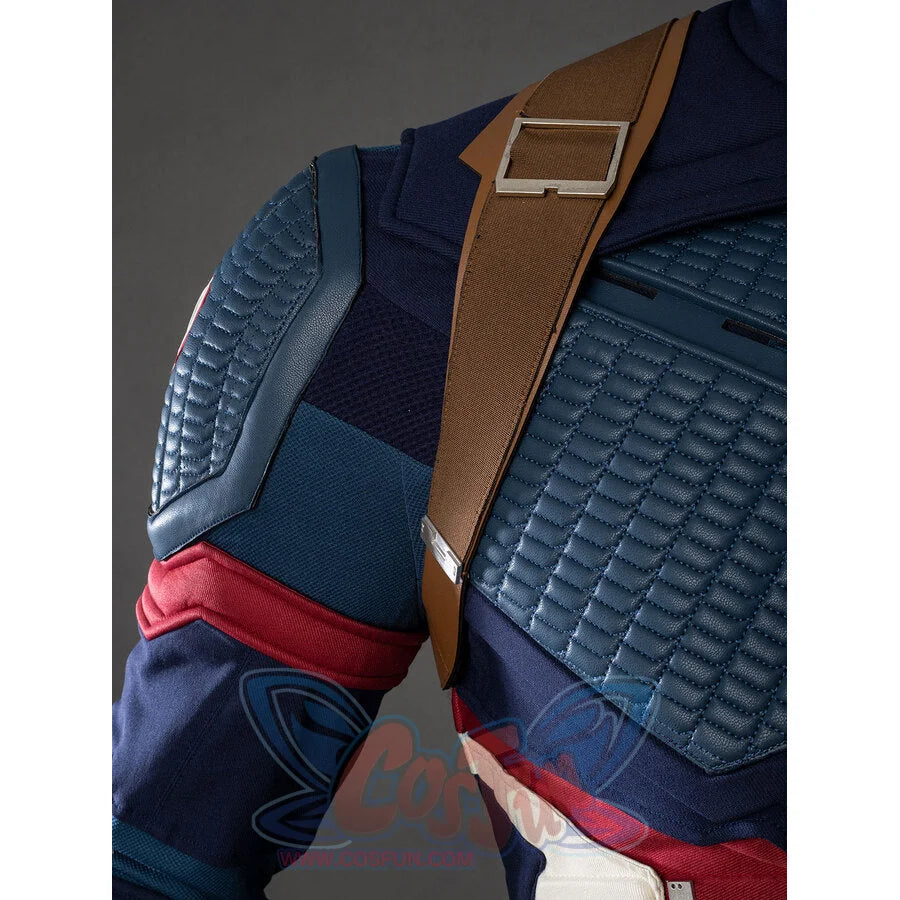 Detail shot of Captain America cosplay shoulder strap and shoulder armor with buckle hardware