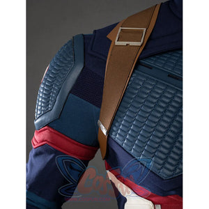 Detail shot of Captain America cosplay shoulder strap and shoulder armor with buckle hardware