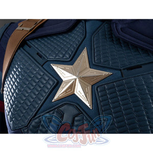 Close-up of the silver star emblem on Captain America cosplay chest armor with diamond texture