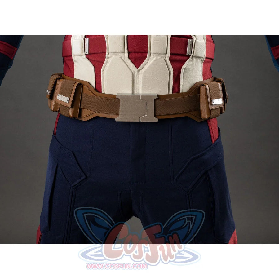 Front close-up of the brown leather utility belt in the Captain America cosplay costume