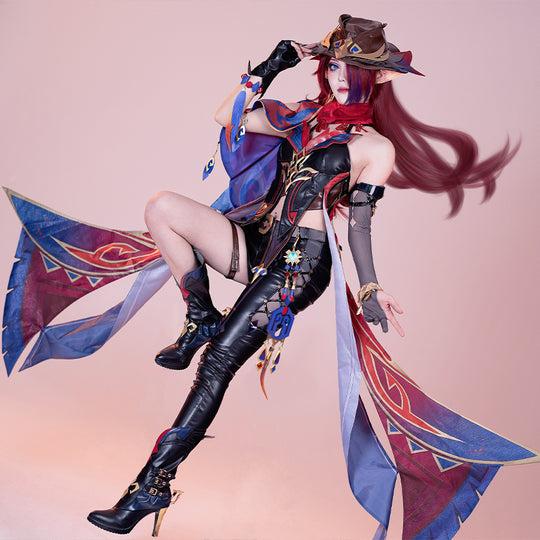 COSFUN Genshin Impact Chasca cosplay costume layers a hat over an ornate caped top and gloves.