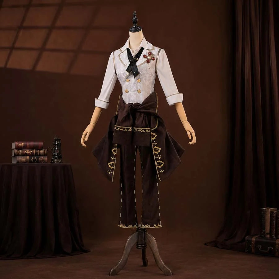 COSFUN Identity V Luca Balsa cosplay costume layers patterned vest over white shirt anchored by jeweled pin.