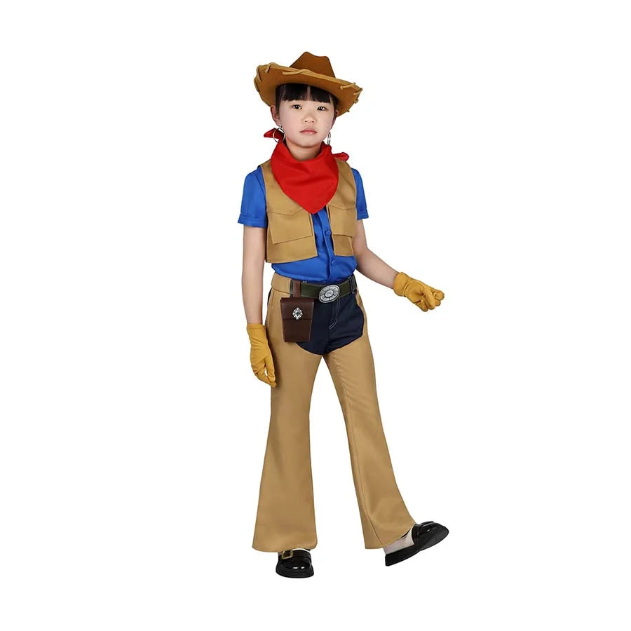 Child wearing Cowgirl Peach cosplay costume, posing frontally to display the outfit.