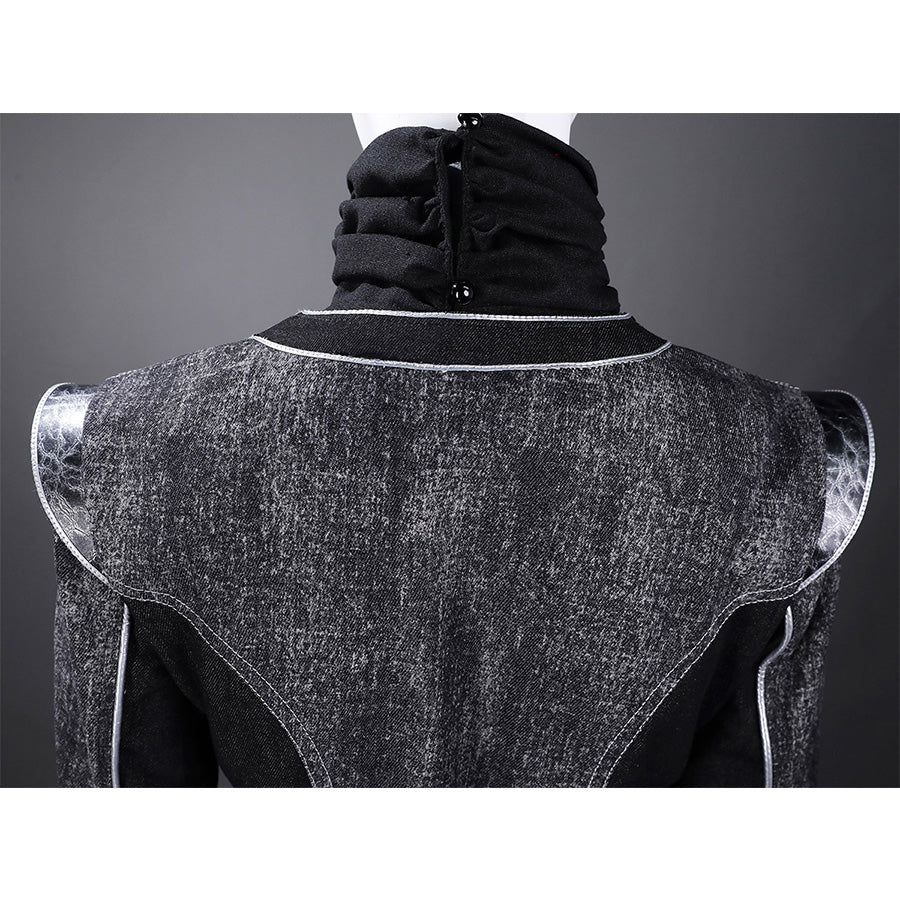 Back upper detail of Alicia cosplay costume showcasing collar construction, shoulder design with silver trim, and distressed jacket texture