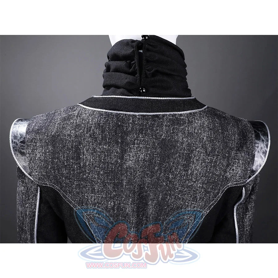 Back upper detail of Alicia cosplay costume showcasing collar construction, shoulder design with silver trim, and distressed jacket texture