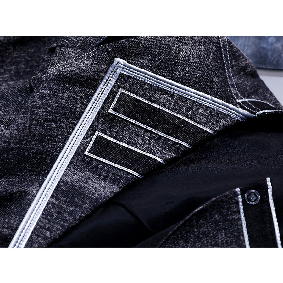 Detail of waist area from Alicia cosplay costume featuring silver geometric trim design and belt with button closure