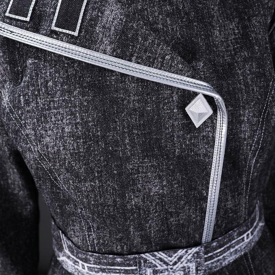 Detailed view of Alicia cosplay costume jacket featuring distressed fabric texture, silver decorative trim lines, and diamond-shaped embellishment