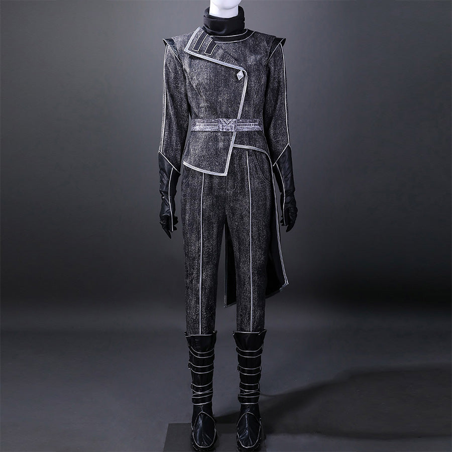 Complete Alicia cosplay costume front view showcasing distressed jacket with asymmetric silver trim, matching pants with belt detail, and black boots with decorative straps