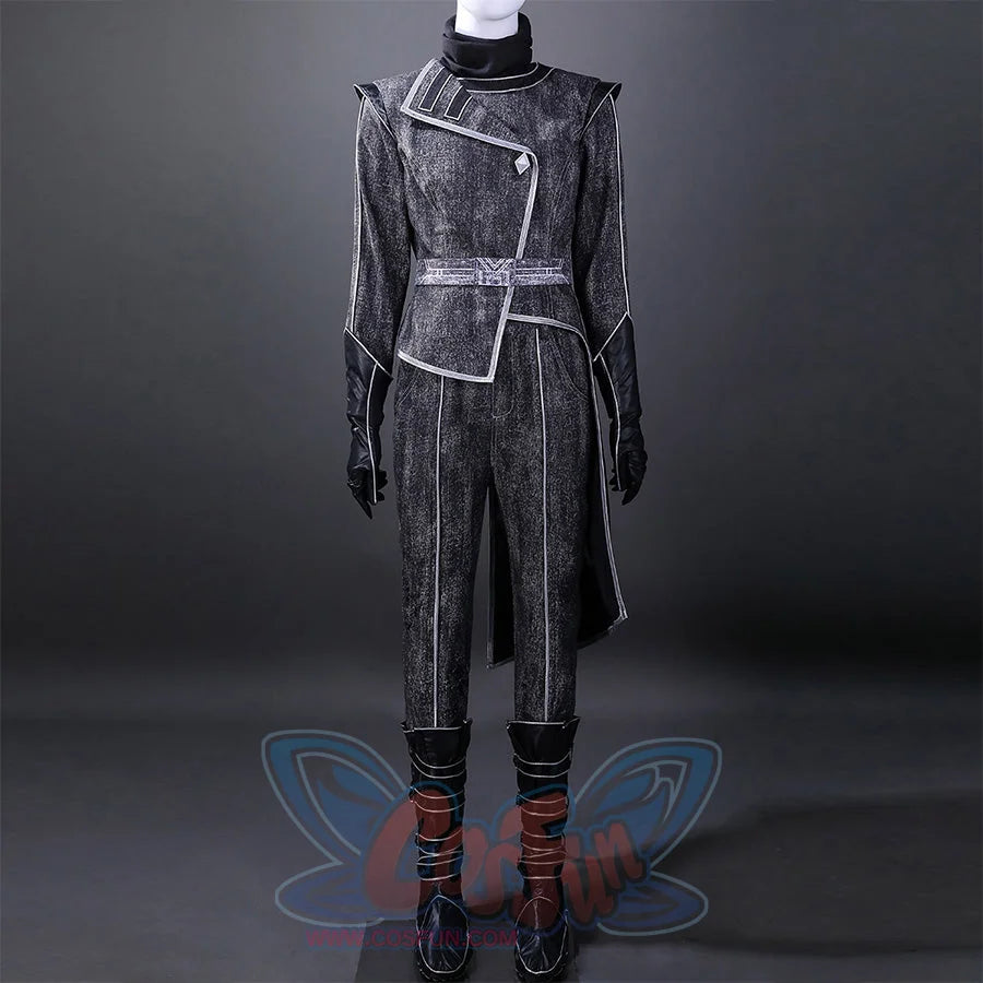 Full front view of Alicia cosplay costume featuring distressed dark jacket with silver trim, matching pants, black boots with straps, and white decorative mask