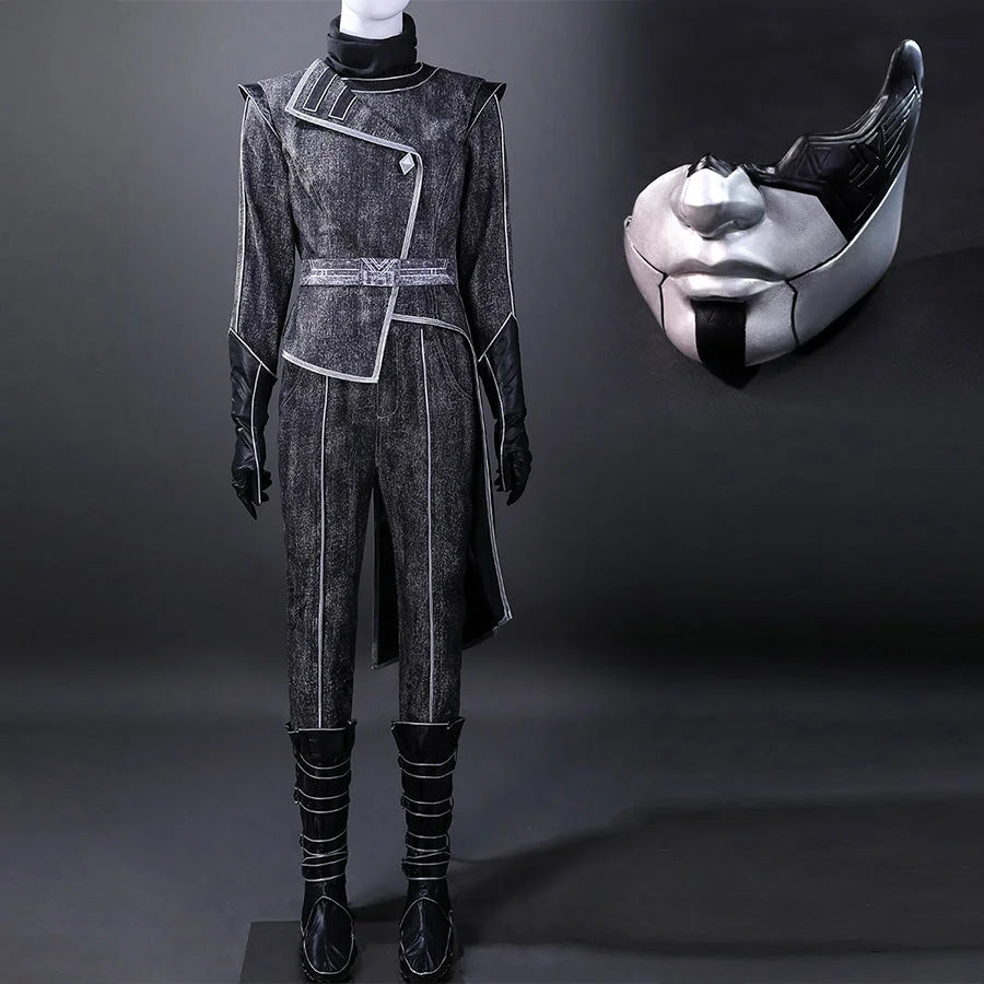 Full front view of Alicia cosplay costume featuring distressed dark jacket with silver trim, matching pants, black boots with straps, and white decorative mask