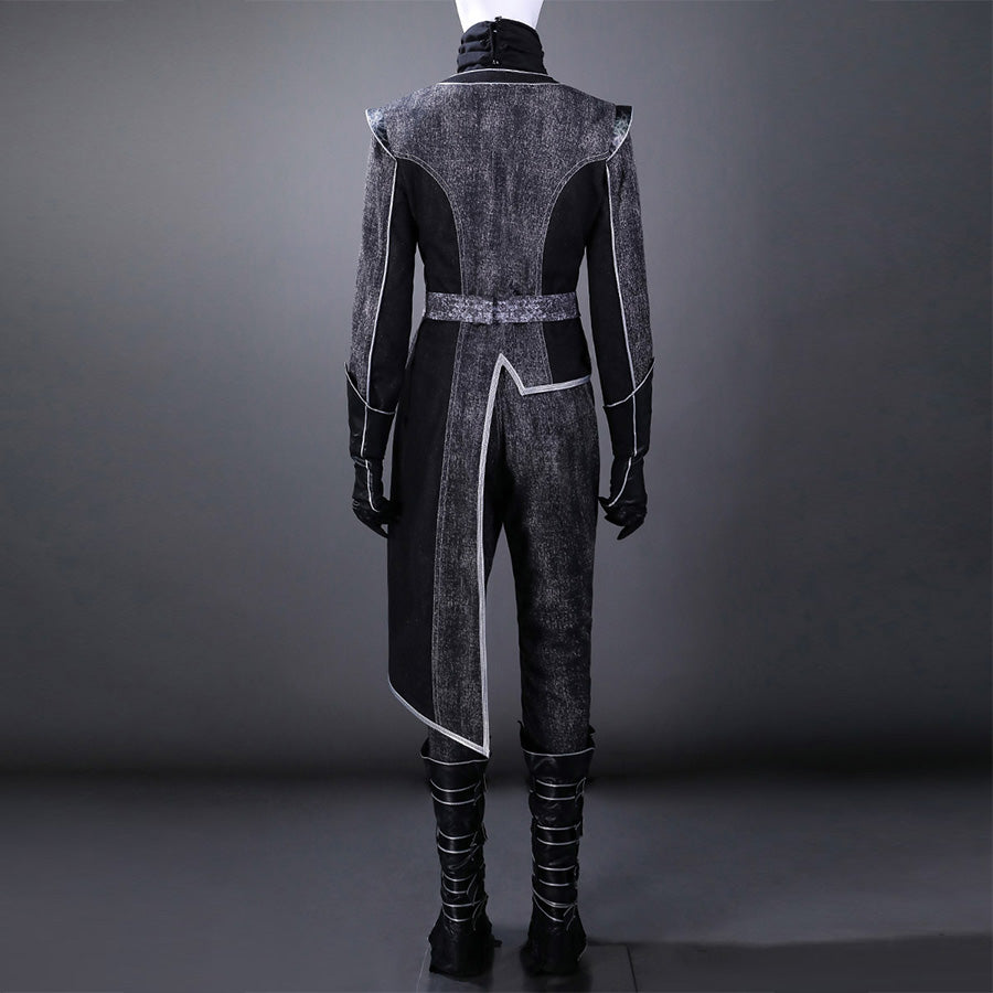 Back view of Alicia cosplay costume displaying detailed jacket construction with silver trim, asymmetric hem design, and black leg straps